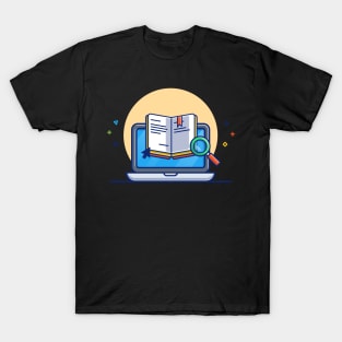 Laptop, Text Book And Magnifying Glass Cartoon T-Shirt